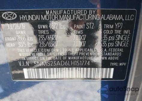 2020 Hyundai Santa Fe Se z USA, uszkodzony, nr VIN 5NMS23AD6LH151774